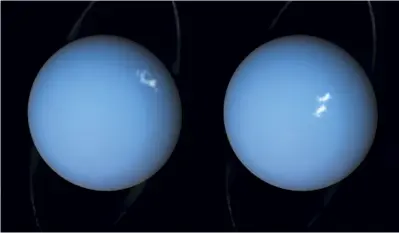  ??  ?? On the third-largest planet of the Solar system, the polar lights occur far away from the planet’s geographic­al north and south poles. This is due to the fact that Uranus’ magnetic field has a 59-degree tilt in relation to the axis of rotation....