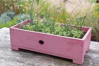  ??  ?? Wooden troughs or crates are ideal for herbs and salads, adding a pop of colour if painted