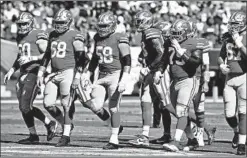  ?? JOHN CORDES/AP ?? The offensive line of Brunskill (60), Mike Person (68), Weston Richburg (58), Laken Tomlinson (75) and Skule (67) has helped the 49ers start 5-0.