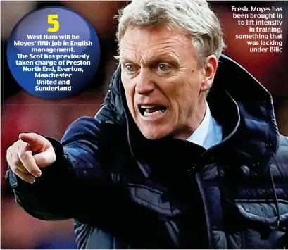  ??  ?? Fresh: Moyes has been brought in to lift intensity in training, something that was lacking under Bilic