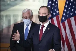  ?? ALEX BRANDON — THE ASSOCIATED PRESS ?? Rep. Adam Schiff, D-Calif., Chairman of the House Intelligen­ce Committee, right, speaks accompanie­d by House Majority Leader Steny Hoyer of Md., during a news conference on Capitol Hill, after a meeting at the White House in Washington.