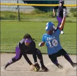  ?? PHOTO BY BOB MINENNA ?? Lower Lake’s Sam Edrich slides into second base during North Central League I softball action Tuesday against Fort Bragg in Lower Lake. Fort Bragg scored six times in the top of the seventh to beat Lower Lake 7-1.