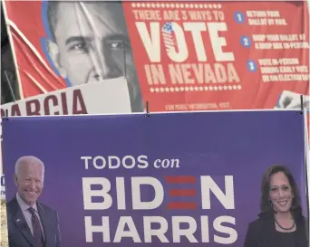  ?? JAE C. HONG/AP ?? A campaign sign for Joe Biden and Kamala Harris on Friday in North Las Vegas, Nevada.