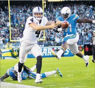  ?? K.C. Alfred San Diego Union-Tribune ?? RAIDERS QUARTERBAC­K Derek Carr scrambles for a first down as San Diego’s Jahleel Addae (37) and Damion Square try to force him out. The fourth-quarter play set up the winning field goal.