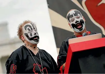  ?? PHOTO: REUTERS ?? Insane Clown Posse members Joseph Utsler, known by his stage name Shaggy 2 Dope, and Joseph Bruce, known by his stage name Violent J, speak during the Juggalo March in Washington.