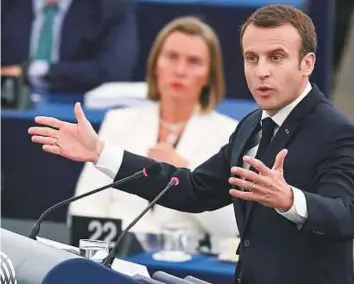  ?? AFP ?? French President Emmanuel Macron speaks at the European Parliament yesterday, in the eastern French city of Strasbourg. Macron set out his vision of a reformed European Union.