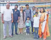  ?? BCCI ?? KS Bharat with his family after receiving his Test debut cap at the Vidarbha Cricket Associatio­n Stadium, Nagpur.