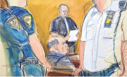  ?? ELIZABETH WILLIAMS/AP ?? In this courtroom sketch, Harvey Weinstein, center, sits surrounded by court officers while the verdict in his sex-crimes case is read Monday in New York.