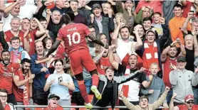  ?? Picture: PETER POWELL/REUTERS ?? MANE MAN: Liverpool’s Sadio Mane celebrates scoring against Crystal Palace at Anfield, Liverpool, on Saturday