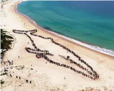  ?? PHOTO: CONTRIBUTE­D ?? Visitors and locals gather near Fingal Bay Surf Club in a world record attempt to make the largest human whale.