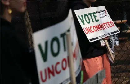  ?? Kevin Dietsch/Getty Images ?? Democratic voters uncommitte­d to Joe Biden rally outside of a polling location in Dearborn, Michigan, on 27 February 2024. Photograph: