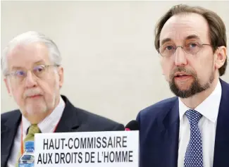  ??  ?? Zeid Ra’ad Al-Hussein, right, speaks at the European headquarte­rs of the UN in Geneva on Tuesday. (AP)