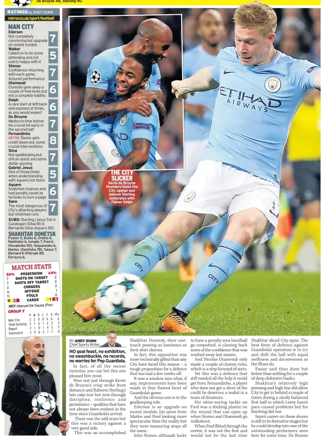  ??  ?? THE CITY SLICKER Kevin de Bruyne thunders home the City opener and (above) Sterling celebrates with Fabian Delph