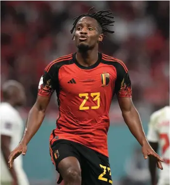  ?? ?? Belgium's Michy Batshuayi celebrates after scoring his side's opening goal during the World Cup group F soccer match between Belgium and Canada, at the Ahmad Bin Ali Stadium in Doha, Qatar, Wednesday, Nov. 23, 2022. (AP Photo/Hassan Ammar)