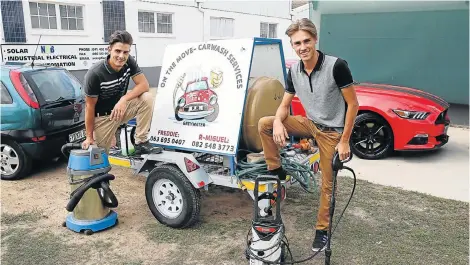  ?? Picture: WERNER HILLS ?? FULLY-EQUIPPED: R-Miguel Mostert, left, and Freddie Robberts with their mobile carwash unit at RKA Industrial Park in Uitenhage