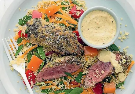  ??  ?? Lamb with a polenta crust, vegetable couscous and a lemon mayonnaise dressing.