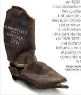  ?? MUSEO MARÍTIMO NACIONAL, GREENWICH, LONDRES (TODAS) ?? Entre los vestigios de la expedición figuran estos objetos, hallados
en 1859 en un bote abandonado en la isla del
Rey Guillermo: lentes tintadas de azul para la nieve, un cronómetro para determinar la longitud y un himnario cristiano. Una partida de búsqueda de 1878-1879 desenterró
una bota de la Marina británica en tierra firme, el punto más distante conocido que alcanzó
la tripulació­n.