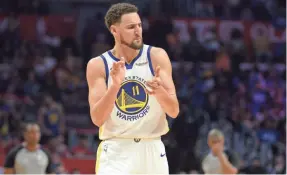  ?? GARY A. VASQUEZ/USA TODAY ?? Klay Thompson scored 32 Sunday, a day after he told a Warriors teammate he was going to go jump in the ocean to reset his mind.