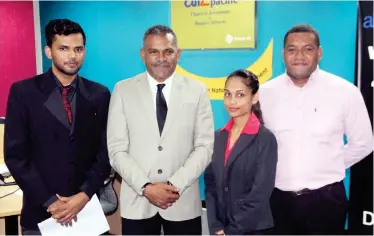  ?? Photo: Vilimoni Vaganalau. ?? From left:Senior Accountant Moshin Khan(Suva),Minister for Industry, Trade and Tourism,Lands and Mineral Resources Faiyaz Koya,Senior Acountant Kajal Shivani(Suva) and Senior Accountant Koliaci Nasiga(Nadi) on July 05, 2017.