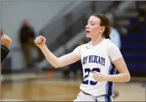  ?? (NWA Democrat-Gazette/Charlie Kaijo) ?? Springdale Har-Ber guard Delaney Roller (23) fist bumps Jan. 5 during a basketball game at Har-Ber High School in Springdale. Roller and Har-Ber will face rival Springdale at 6 p.m. tonight at Wildcat Arena in Springdale.