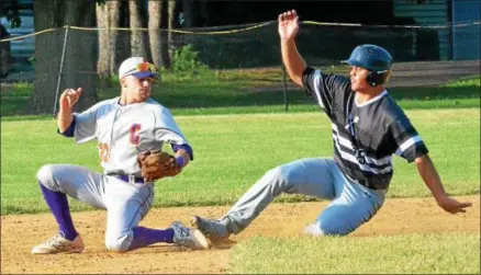  ?? KYLE MENNIG — ONEIDA DAILY DISPATCH ?? Sherrill’s Kingsley Ballao (19) slides safely into second for a stolen base, beating the tag of Cortland’s Anthony May (27) during their game in Sherrill on Wednesday.