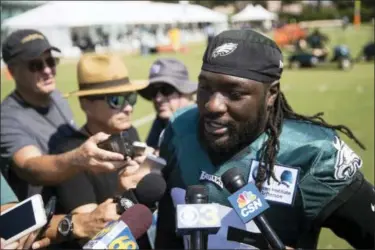  ?? MATT ROURKE — THE ASSOCIATED PRESS ?? Eagles running-back-apparently-to-stay LeGarrette Blount didn’t dodge the media during training camp, and he hasn’t dodged many tacklers in early exhibition efforts, either.