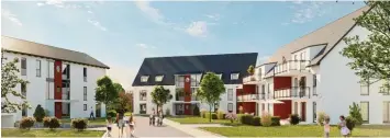  ?? Foto: Firma Gregor Deurer ?? So sollen die Mehrfamili­enhäuser in Horgauergr­eut aussehen. Die Animation zeigt den Blick von der Greuter Straße Richtung Westen auf die Häuser 1 bis 3. Diese drei und ein viertes Haus werden im ersten Abschnitt gebaut.
