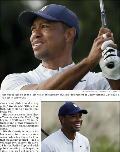  ?? MARK LENNIHAN — THE ASSOCIATED PRESS ?? Tiger Woods tees off on the 12th hole at the Northern Trust golf tournament at Liberty National Golf Course, Thursday in Jersey City.