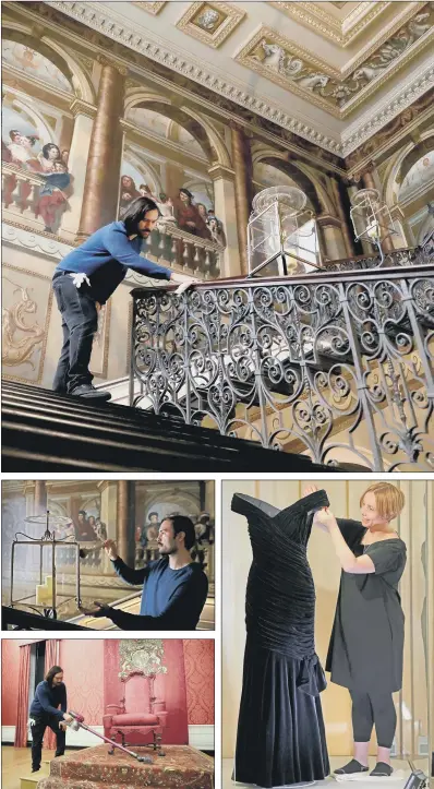  ?? PICTURES: CHRIS JACKSON/GETTY IMAGES. ?? BACK IN BUSINESS: Clockwise from top, a worker cleans the King’s Staircase at Kensington Palace in London as they prepared to welcome visitors back to the royal residence and birthplace of Queen Victoria from today; the dress worn by Princess Diana, designed by Victor Edelstein, worn as she famously danced with actor John Travolta; a conservato­r at work in the King’s Presence Chamber, and candle-holders on the King’s Staircase being cleaned.