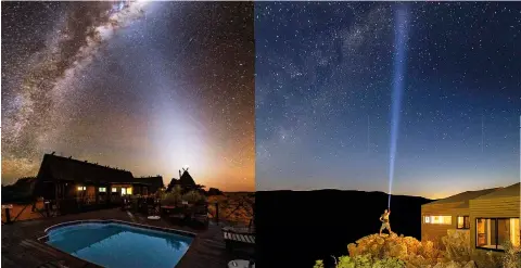  ?? ?? BOVE, FROM LEFT !Xaus Lodge is located in !Ae!Hai Kalahari Heritage Park, the only designated Dark Sky Sanctuary in South Africa; Bliss & Stars’ wellness retreats in the Cederberg offer guided night hikes and stargazing sessions.