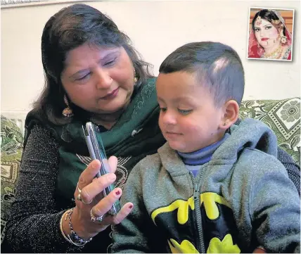  ?? PICTURES: BBC ?? Grandmothe­r Irena trying to get Umair to chat to his mum Riza, inset, via a video call