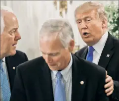  ??  ?? Keep it moving: President Trump and Sens. John Cornyn (left) and Ron Johnson at Wednesday’s health-care luncheon with GOP leaders.