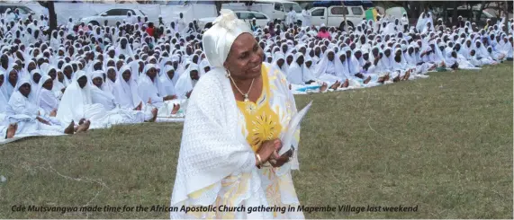  ??  ?? Cde Mutsvangwa made time for the African Apostolic Church gathering in Mapembe Village last weekend