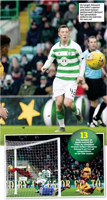  ??  ?? On target: Edouard hits Celtic’s opener and (inset below) Motherwell’s Richard Tait (grounded) deflects the ball into his own net