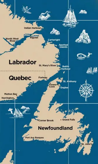  ??  ?? The map shows the location of Grenfell nursing stations and hospitals in Newfoundla­nd's Great Northern Peninsula, Labrador, and Quebec's Lower North Shore, circa 1940.