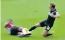  ??  ?? Reckless tackle: Mark Noble was off the ground when challengin­g Mario Lemina
