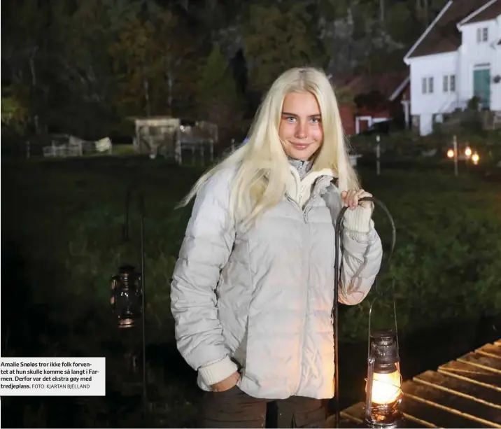  ?? FOTO: KJARTAN BJELLAND ?? Amalie Snøløs tror ikke folk forventet at hun skulle komme så langt i Farmen. Derfor var det ekstra gøy med tredjeplas­s.