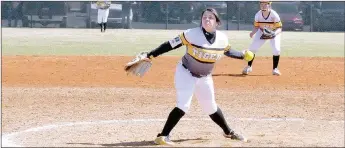  ?? MARK HUMPHREY ENTERPRISE-LEADER ?? Prairie Grove senior Brianna Byerley delivers a pitch during the Lady Tigers’ 9-1 loss to Fort Smith Southside Saturday. Prairie Grove competed in the Farmington Invitation­al tournament playing games at the Farmington Sports Complex on Southwinds. The Lady Tigers went 1-2 in the tourney.