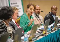  ?? DAMON HIGGINS / THE PALM BEACH POST ?? Palm Beach State College President Ava Parker makes comments during a Board of Trustees meeting on Nov.
14. Parents of children at the school’s Early Learning Center in Palm Beach Gardens attended the meeting to push the board to keep the preschool...