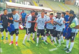  ?? AIFF ?? The India U17 football team after the win on Friday.