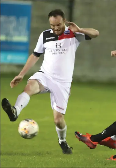  ??  ?? Square United’s Martin Duffy hits the outside of the Drogheda Town goalpost with this effort from outside the box.