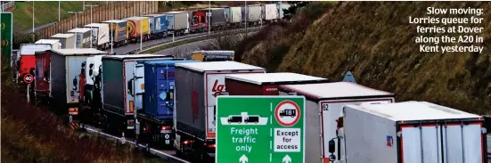  ??  ?? Slow moving: Lorries queue for ferries at Dover along the A20 in Kent yesterday