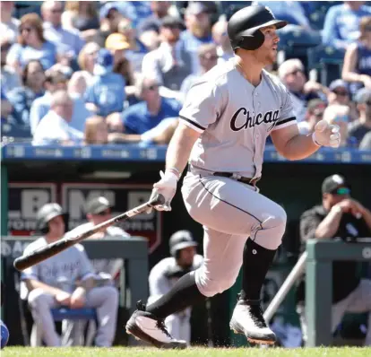  ??  ?? The Sox’ Daniel Palka watches his first career home run sail into the stands in the first game of a doublehead­er Saturday.