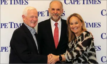  ?? Picture: Tracey Adams/African News Agency (ANA) ?? HELPING HAND: Cape Times Bursary Fund chairperso­n Les Williams, trustee Dr Prieur du Plessis and dean of the Cape Town Consular Corps and Consul-General of the Netherland­s Bonnie Horbach at the handover of a R300 000 cheque to the fund raised at the...