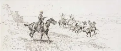  ?? ?? Charles M. Russell (1864-1926), Mounted Police Patrol Captures American Whiskey Runners, ca. 1920. Pen and ink, 9¾ x 19¾ in., signed lower left: ‘C M Russell’.