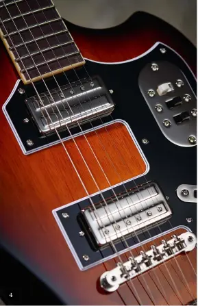  ??  ?? 4 1. The two smaller knobbed controls are a volume and tone for the neck-pickuponly ‘rhythm’ mode. The larger knobbed controls are volume and tone for the twin pickup ‘lead’ circuit 2. Hey, it was the 60s! But this short-lived headstock design doesn’t...
