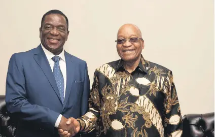  ?? Picture: GCIS ?? ALLIANCE. Zimbabwe’s soon-to-be president Emmerson Mnangagwa with President Jacob Zuma before returning to Zimbabwe yesterday.