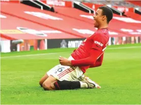  ??  ?? Manchester United’s Mason Greenwood celebrates after scoring a goal in the 5-2 win over Bournemout­h. Photo: AP