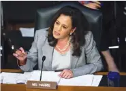  ?? NEW YORK TIMES FILE PHOTOS ?? Sen. Kamala Harris, D-Calif., questions Attorney General Jeff Sessions as he testifies before a Senate Intelligen­ce Committee hearing in Washington on June 13.