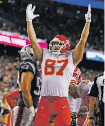  ?? MICHAEL DWYER/THE ASSOCIATED PRESS ?? The Chiefs’ Travis Kelce celebrates a touchdown Thursday in Foxborough, Mass.